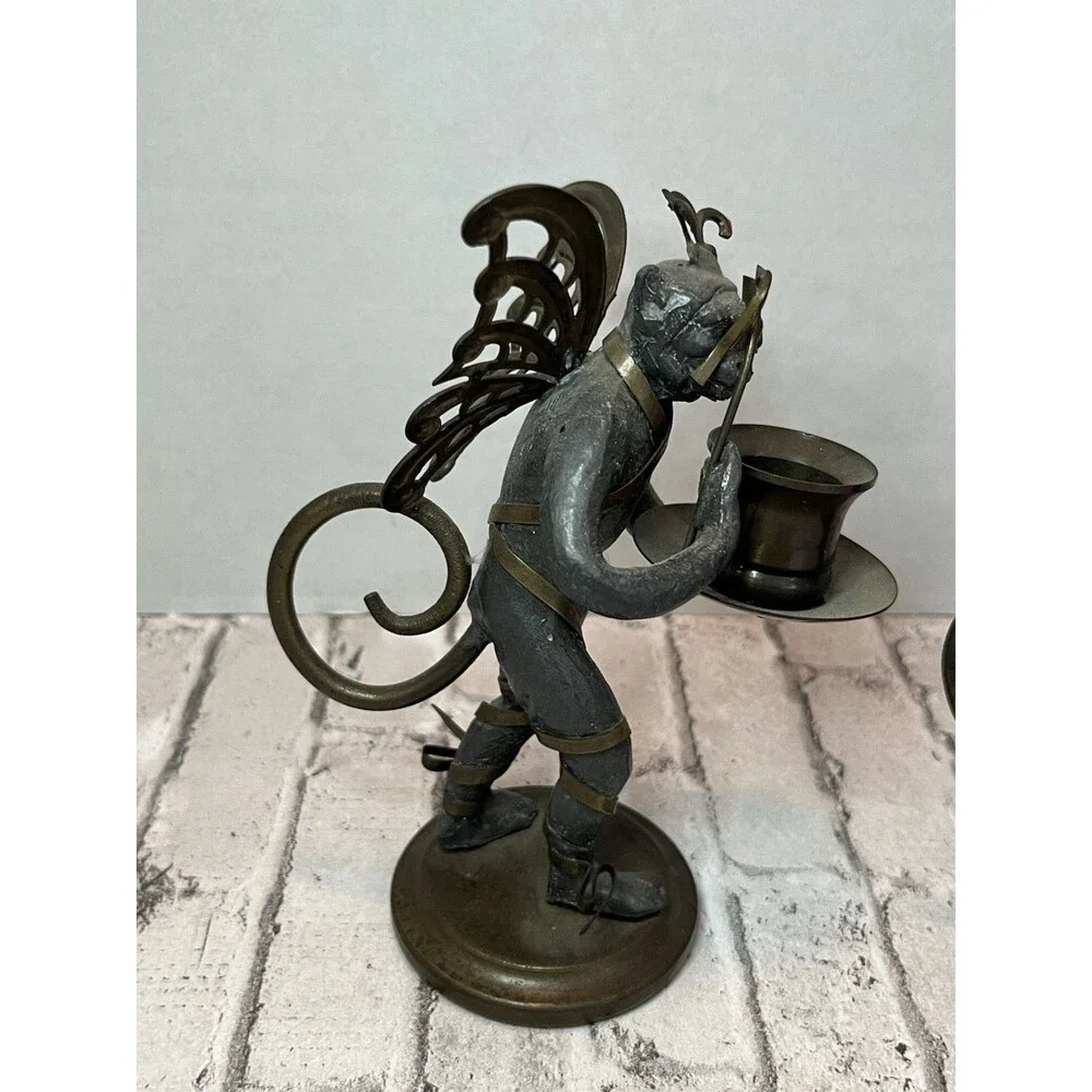 2 “Petites Choses” Pewter & Brass Flying Monkey Candle Holders Comedy & Tragedy